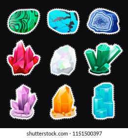 Crystal vector set. Crystalline stone or gem. Precious gemstone. Magic crystals sticker design, stones patches set. Mineral stony crystallization. Untreated diamond, malachite, turquoise, quartz
