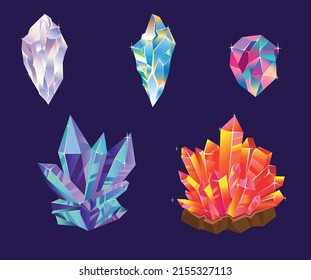 Crystal vector set. Crystalline stone or gem. Precious gemstone. Magic crystals and semiprecious stones vector set. Mineral stony crystallization.