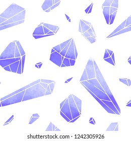 
Crystal vector wattercolor pattern on white background. Set of blue crystals. Hand drawn seamless pattern. Jewelry texture perfect for fabric and wrapping.