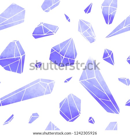 
Crystal vector wattercolor pattern on white background. Set of blue crystals. Hand drawn seamless pattern. Jewelry texture perfect for fabric and wrapping.