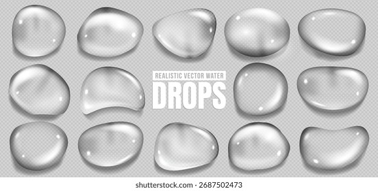 Crystal water drop, liquid bubble, rain droplet, aqua balloon splash and transparent glass ball icon set with holographic texture and rainbow light. Fluid condensation. Underwater nature background.