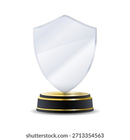 Crystal winner trophy with gold first-place badge, transparent polished surface, and laurel wreath engraving ideal for contest results, business awards, academic achievements, and prestige vector comp
