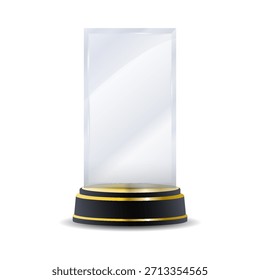 Crystal winner trophy with gold first-place badge, transparent polished surface, and laurel wreath engraving ideal for contest results, business awards, academic achievements, and prestige vector comp