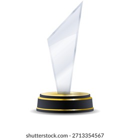 Troféu vencedor de cristal com distintivo de ouro em primeiro lugar, superfície polida transparente e gravação de coroa de louro ideal para resultados de concursos, prêmios de negócios, conquistas acadêmicas e vetor de prestígio comp