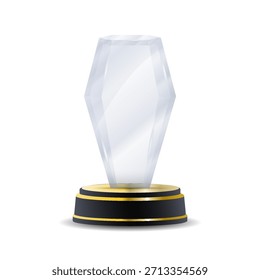 Troféu vencedor de cristal com distintivo de ouro em primeiro lugar, superfície polida transparente e gravação de coroa de louro ideal para resultados de concursos, prêmios de negócios, conquistas acadêmicas e vetor de prestígio comp