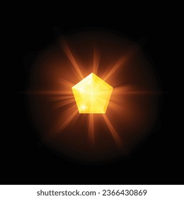 Crystal yellow shining game gem, vector illustration isolated on black background. A simple cartoon ui element in the form radiant gemstone. Diamond drawing in front view.