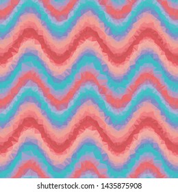 Crystalized Sin Cos Wave Chevron Zig Zag Gradient Seamless Repeat Vector Pattern.  Individual solid triangles that make a gradient when viewed together. Generative art. Coral pink and blue.