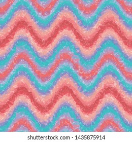 Crystalized Sin Cos Wave Chevron Zig Zag Gradient Seamless Repeat Vector Pattern.  Individual solid triangles that make a gradient when viewed together. Generative art. Coral pink and blue.
