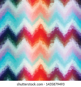 Crystalized Vertical Stripe And Chevron Zig Zag Gradient Seamless Repeat Vector Pattern.  Individual solid triangles that make a gradient when viewed together. Generative art.  Blue, red, purple.