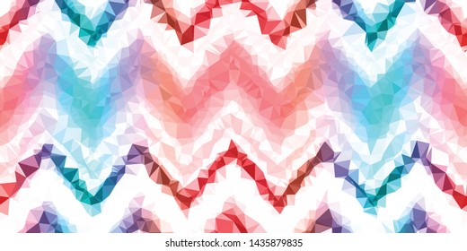 Crystalized Vertical Stripe And Chevron Zig Zag Gradient Seamless Repeat Vector Pattern.  Individual solid triangles that make a gradient when viewed together. Generative art.  Red, blue, white.