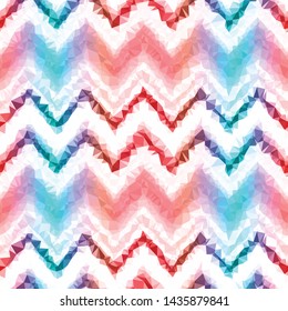 Crystalized Vertical Stripe And Chevron Zig Zag Gradient Seamless Repeat Vector Pattern.  Individual solid triangles that make a gradient when viewed together. Generative art.  Red, blue, white.