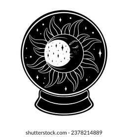 Crystall ball with crescent moon. Witch occult spiritual ball with mystic powers. Vector illustration isolated in white background