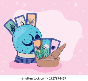 crystall ball ,mortar, pestle, and esoteric cards vector illustration design