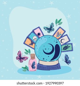 Kristall-Ball und Satz esoterischer Symbole auf blauem Hintergrund, Vektorgrafik-Design