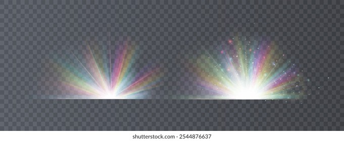 Efecto cristalino de un brillante destello de luz parpadeante sobre un fondo transparente con rayos y luces. Explosión de cristal.  Efecto de explosión de luz brillante brillante brillante. Ilustración vectorial. Lente