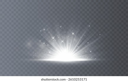 Crystalline effect of a bright flickering flash of light on a transparent background with rays and highlights. Crystal explosion.  Glowing bright light explosion effect. Vector illustration. Lens