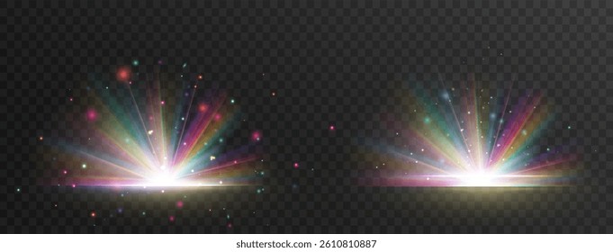 Crystalline effect of a bright flickering flash of light on a transparent background with rays and highlights. Crystal explosion.  Glowing bright light explosion effect. Vector illustration. Lens
