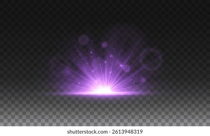 Crystalline effect of a bright flickering flash of light on a transparent background with rays and highlights. Crystal explosion.  Glowing bright light explosion effect. Vector illustration. Lens