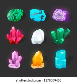 Crystalline stone or gem. Precious gemstone. Magic crystals and semiprecious stones vector set. Untreated diamond, malachite, turquoise, quartz. Game glowing crystals icons.