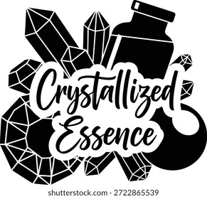Essência cristalizada cristal garrafa poção vetor mão preta desenhada tipografia logotipo logotipo emblema ícone silhueta vintage retro gráfico Magic Science pura alquimia