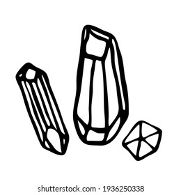 Cristales. Piedra abstracta, rhinestone, amatista. Obtenido a mano. Doodle, boceto, icono. Conjunto de elementos. Ilustración vectorial para diseños modernos, impresiones, logotipos. Sobre un fondo blanco.