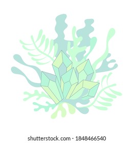 Crystals and algae plants. Underwater world sea ocean river . Hand-drawn Doodle composition ,