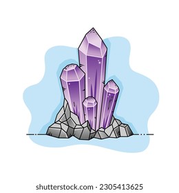 Crystals of amethyst in stones. Gemstone vector cartoon.