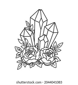 Crystals among blooming flowers. Vector illustration. Perfectly look on t-shirt, poster, cards, apparel design