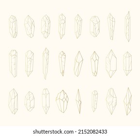 Kristalle große goldene Kulisse.  Einfache Symbole für mineralische Linien einzeln auf weißem Hintergrund.   Handgezeichnete, esoterische Vektorgrafik.