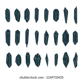 Kristalle sind groß. 24 schwarze Silhouetten aus Mineralien einzeln auf weißem Hintergrund. Handgezeichnete, esoterische Vektorgrafik.