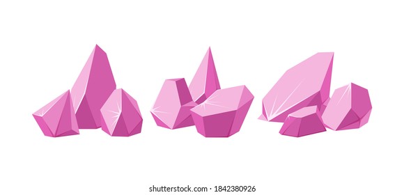 Crystals broken into pieces. Set of smashed pink crystals. Broken gemstones or pink rocks. Vector illustration in cartoon style