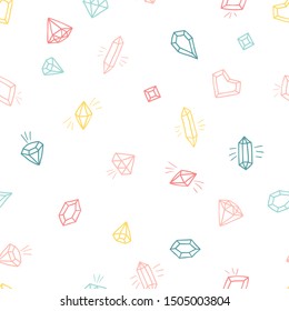 Crystals in cartoon style. Vector seamless pattern on a white background. Hand drawn sketch diamonds and gemstones in colorful colors