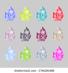 Colección de cristales aislada en fondo gris. Ilustración vectorial.