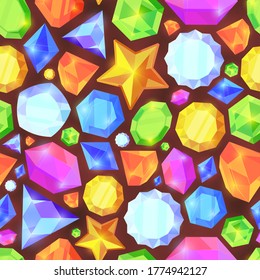 El color de los cristales es transparente. joyas brillantes de varias formas geométricas hermosas salvapantallas papel pintado de papel pintado azul zafiros naranja esmeraldas verdes vibrante interfaz móvil rica. Vector de dibujos animados.