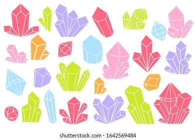 Crystals colored and gems isolated  set. User interface and game design elements. Different colors and shapes. Fantasy world environment. Flat design.