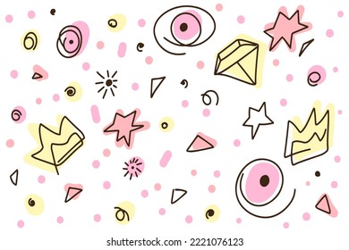 Crystals and crown, Doodle background, hand drawn set of cute doodles for decoration on a white background in delicate shades of pink and yellow