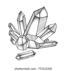 Kristalltrockenheit einzeln auf weißem Hintergrund, handgezeichnet, Linien- und Punktarbeit, Vektorgrafik. Schwarze Arbeit, Blitztätowierung oder Druckdesign.