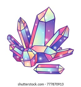 Crystals druse isolated on white background hand drawn vector illustration. Patch, sticker or print design.