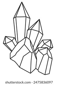 Crystals, druses with minerals - vector linear picture for coloring. Outline. Precious stones, magic crystals for a coloring book