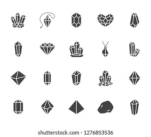 Crystals flat glyph icons set. Mineral rock, diamond shape, salt, abstract gemstone, magic crystal vector illustrations. Signs for geology or jewelry store. Solid silhouette pixel perfect 64x64.
