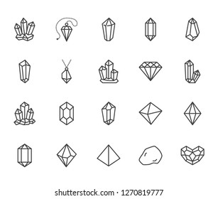 Crystals Flat Line Icons Set. Mineral Rock, Diamond Shape, Salt, Abstract Gemstone, Magic Crystal Vector Illustrations. Thin Signs For Geology Or Jewelry Store. Pixel Perfect 64x64. Editable Strokes.