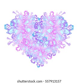 Crystals in the form of heart, Vector illustration, crystals and beads. Precious stones and pearls isolated. Printing on T-shirts, covers, fabrics, souvenirs. Fashion, beauty, charms and accessories.