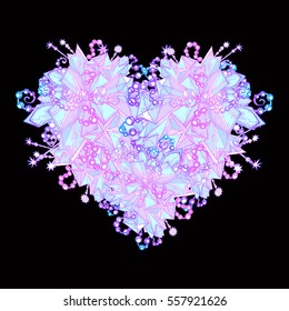 Crystals in the form of heart, Vector illustration, crystals and beads. Precious stones and pearls. Printing on T-shirts, covers, fabrics, souvenirs. Fashion, bohemian, beauty, charms and accessories.