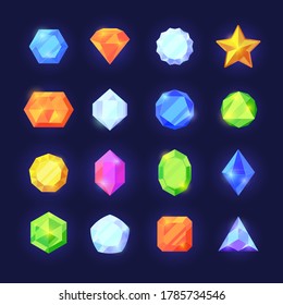 Juego de colores de cristales. Interfaz móvil brillantes joyas de varias formas geométricas diamantes azules zafiros zafiros verdes esmeraldas gráfico tesoro vibrante rica interfaz móvil. Vidrio de dibujos animados.