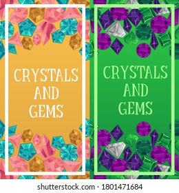 Plantilla de volante de cristales y gemas con piedras de dibujos animados coloridas y diamantes de fondo amarillo y verde. Colección de banners verticales - ilustración vectorial