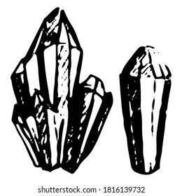 Crystals, gems. Hand drawn vector illustration. Doodle, ink sketching. Black contour drawing isolated on white. Primitive style, single picture for design, print, card, poster, sticker, banner, decor.