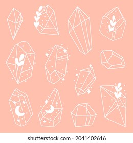 Crystals or gemstones bundle, doodle gem collection, jewelry stone or diamond set. Vector illustration