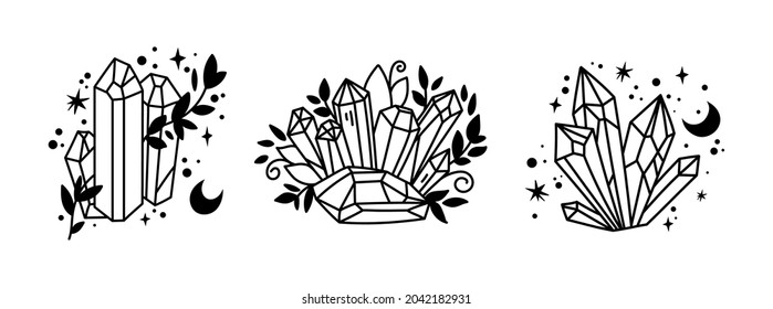 Conjunto de cristales o piedras preciosas para cliparts celestiales, colección de gemas, conjuntos de piedras de joyería o diamantes, objetos aislados en blanco y negro conjunto de ilustraciones vectoriales en blanco y negro
