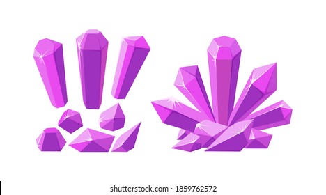 Crystals and gemstones of different shapes. Set of pink stalagmite, crystals and pieces of amethyst rock. Vector illustration in cartoon style