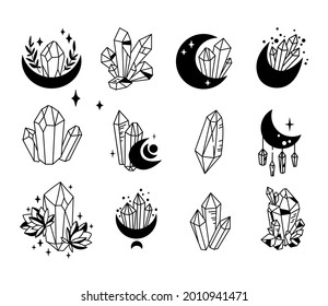 Crystals Or Gemstones And Moon Cliparts Bundle, Lunar Celestial Gem Collection, Jewelry Stone Or Diamond, Mystical Esoteric Black And White Line Isolated Objects - Vector Illustration